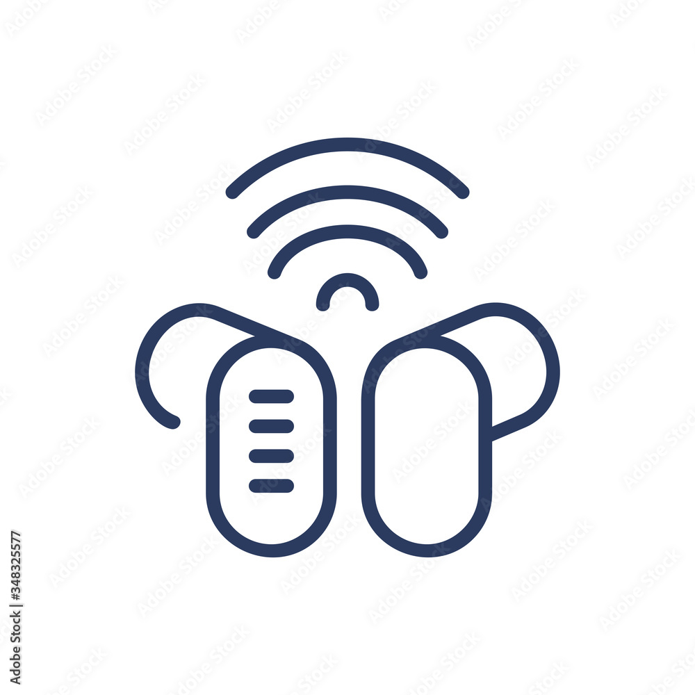 Wireless earphones thin line icon. Cordless audio accessory isolated outline sign. Digital devices and electronic gadgets concept. Vector illustration symbol element for web design and apps Wireless earphones thin line icon. Cordless audio accessory isolated outline sign. Digital devices and electronic gadgets concept. Vector illustration symbol element for web design and apps