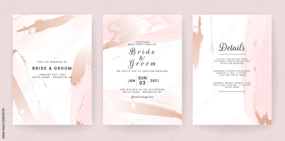 Fototapeta premium Elegant abstract background. Wedding invitation card template set with watercolor splash and gold decoration. Brush stroke for save the date, greeting, poster, and cover design