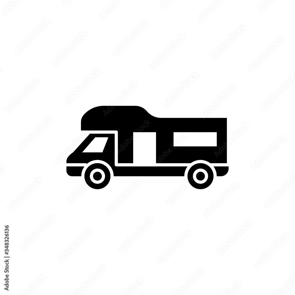 Caravan trailer icon in black flat design on white background sign for mobile concept and web design, Camping car, Campervan Symbol, logo illustration
