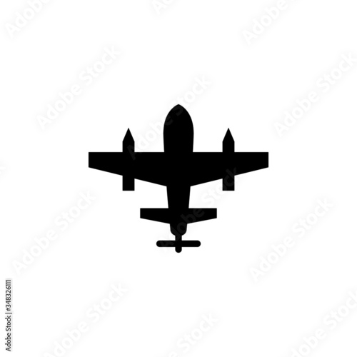 Unmanned aerial vehicle icon, military drone in black flat design on white background
