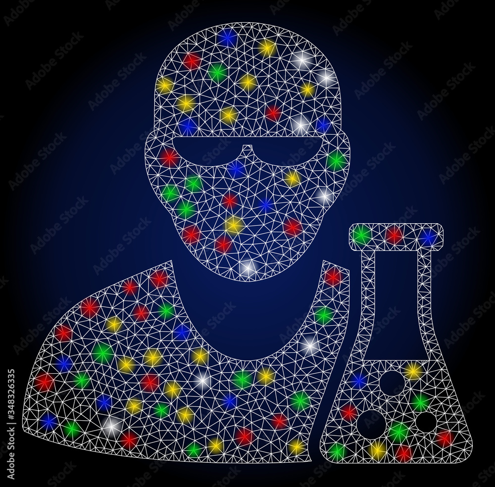 Naklejka premium Flare mesh scientist with flask with glare effect. Abstract illuminated vector model of scientist with flask icon on a dark blue gradiented background.