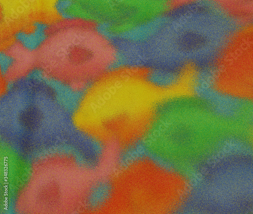 Grainy illustration of a colorful school of fish