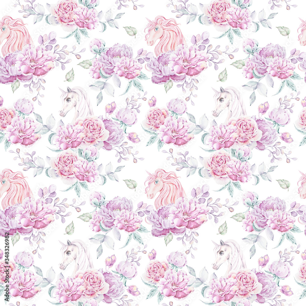 Seamless pattern with unicorns. Pink watercolor hand painted clipart on white background. 
Simple stylish illustration. Fashion modern style. Floral fabric print, wrapping paper, packaging.