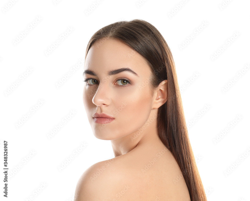 Portrait of young woman with beautiful face on white background Portrait of young woman with beautiful face on white background