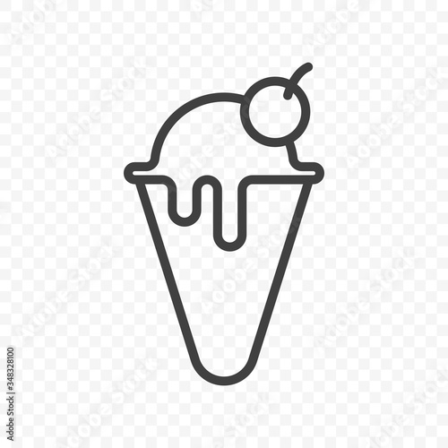 Icon of melted ice cream in a waffle cup with a cherry on top. Minimalistic linear image on a transparent PNG background. Vector.