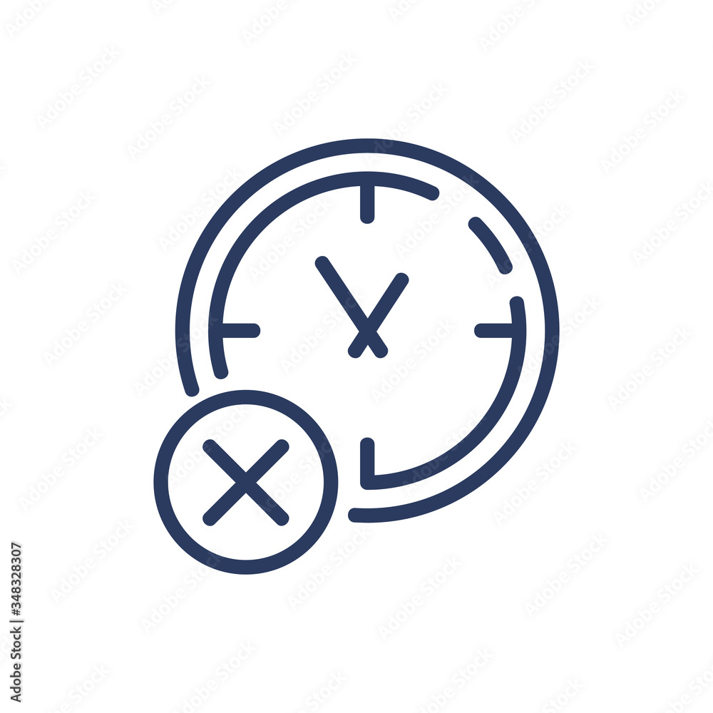 Clock with cross mark thin line icon. Watch, timer, wrong, not allowed symbol isolated outline sign. Time management or planning concept. Vector illustration symbol element for web design and apps