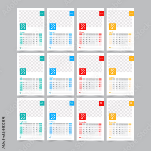 Wall Calendar template for 2020 vector in a minimalist style. Flat style color vector illustration. Yearly calendar template. Set of 12 Months.