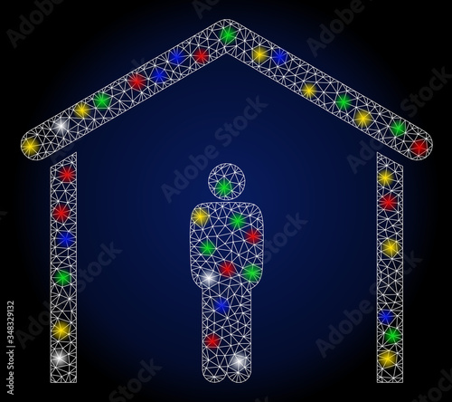 Glowing mesh stay home with glitter effect. Abstract illuminated vector model of stay home icon on a dark blue gradiented background. White wire frame triangular mesh stay home.