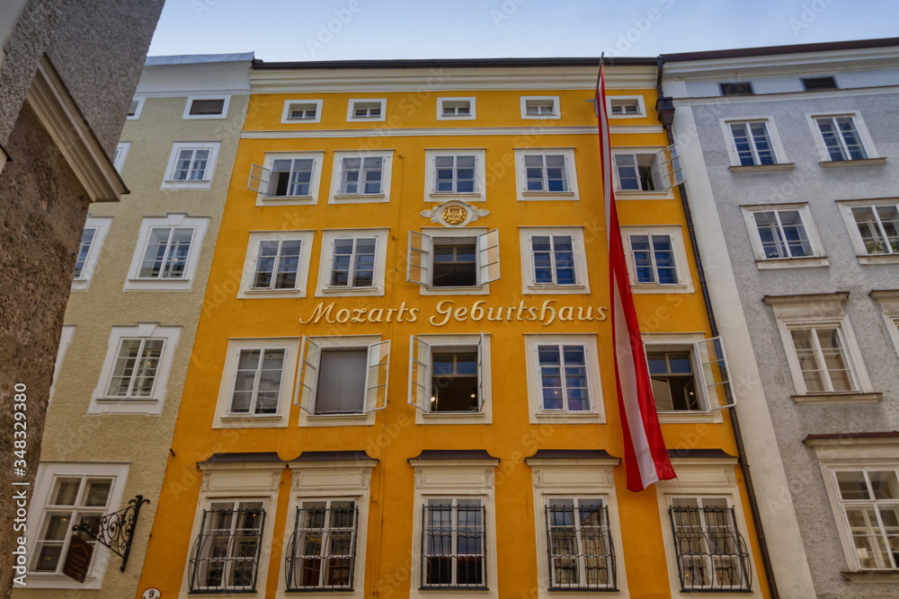 Birthplace building of Wolfgang Amadeus Mozart in Salzburg by day, Austria