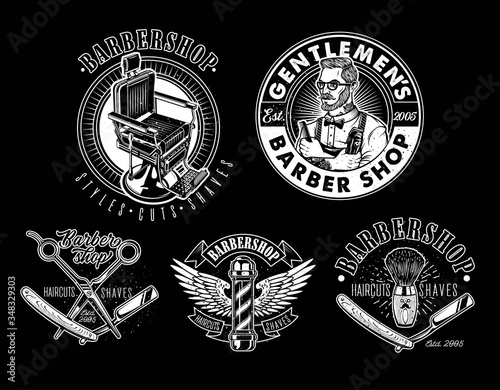 Set of Vintage Barbershop Emblems, Labels and Logos.The Barber with Hair Clipper and Hairbrush. Vintage Barber Chair. Vector Illustration.
