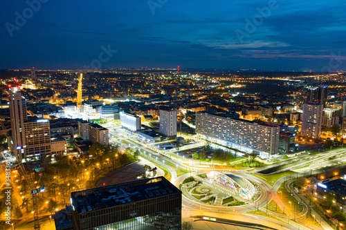Drone aerial view on Katowice center at night