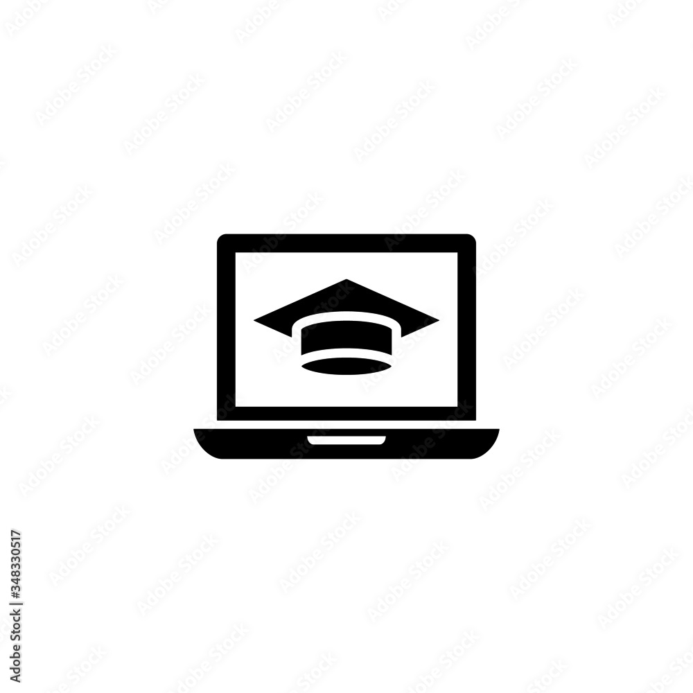 Laptop with a graduation cap vector icon in black solid flat design icon isolated on white background Laptop with a graduation cap vector icon in black solid flat design icon isolated on white background