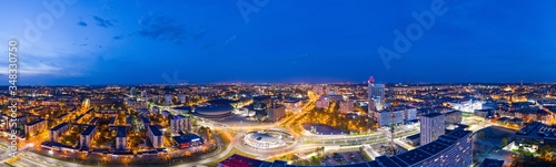 Panoramic drone aerial view on Katowice center at night