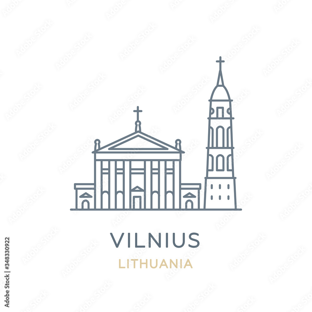 Vilnius, ‎Lithuania. Line icon of the city in the Baltic region of Europe. Outline symbol for web, travel mobile app, infographic, logo. Landmark and famous building. Vector, isolated on white