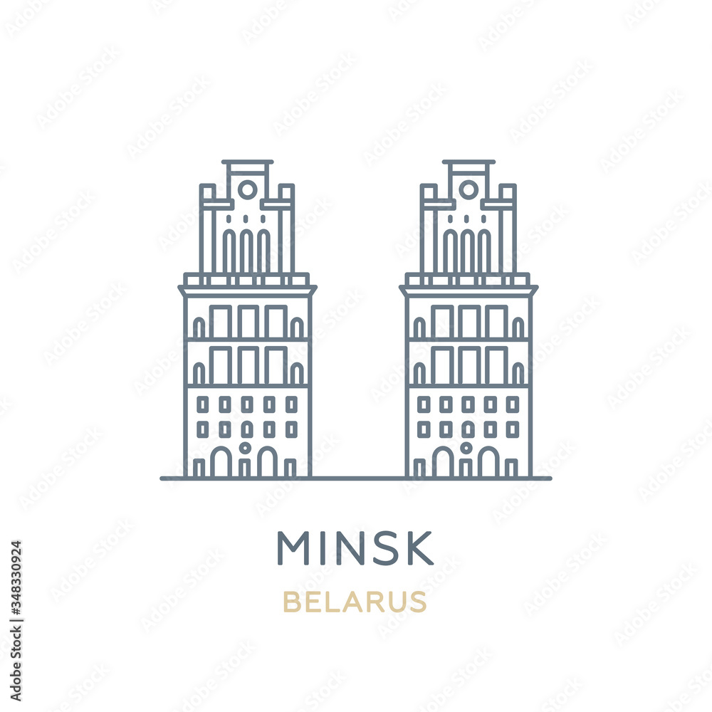 Minsk, ‎Belarus. Line icon of the city in Eastern Europe. Outline symbol for web, travel mobile app, infographic, logo. Landmark and famous building. Vector in flat design, isolated on white