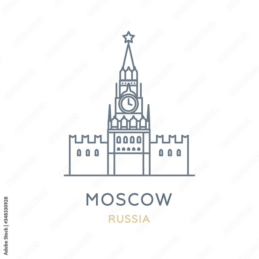 Moscow, ‎Russia. Line icon of the city in Eastern Europe. Outline symbol for web, travel mobile app, infographic, logo. Landmark and famous building. Vector in flat design, isolated on white