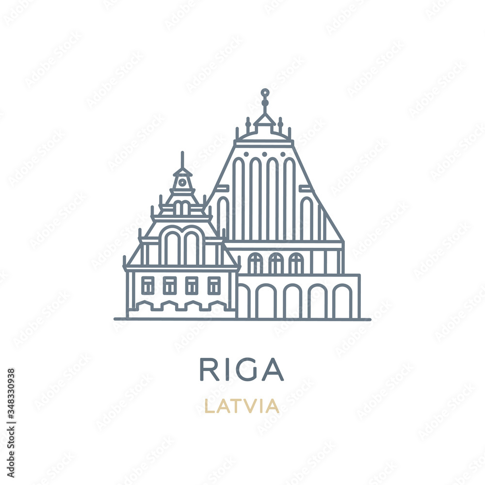Riga, ‎Latvia. Line icon of the city in the Baltic region of Europe. Outline symbol for web, travel mobile app, infographic, logo. Landmark and famous building. Vector, isolated on white