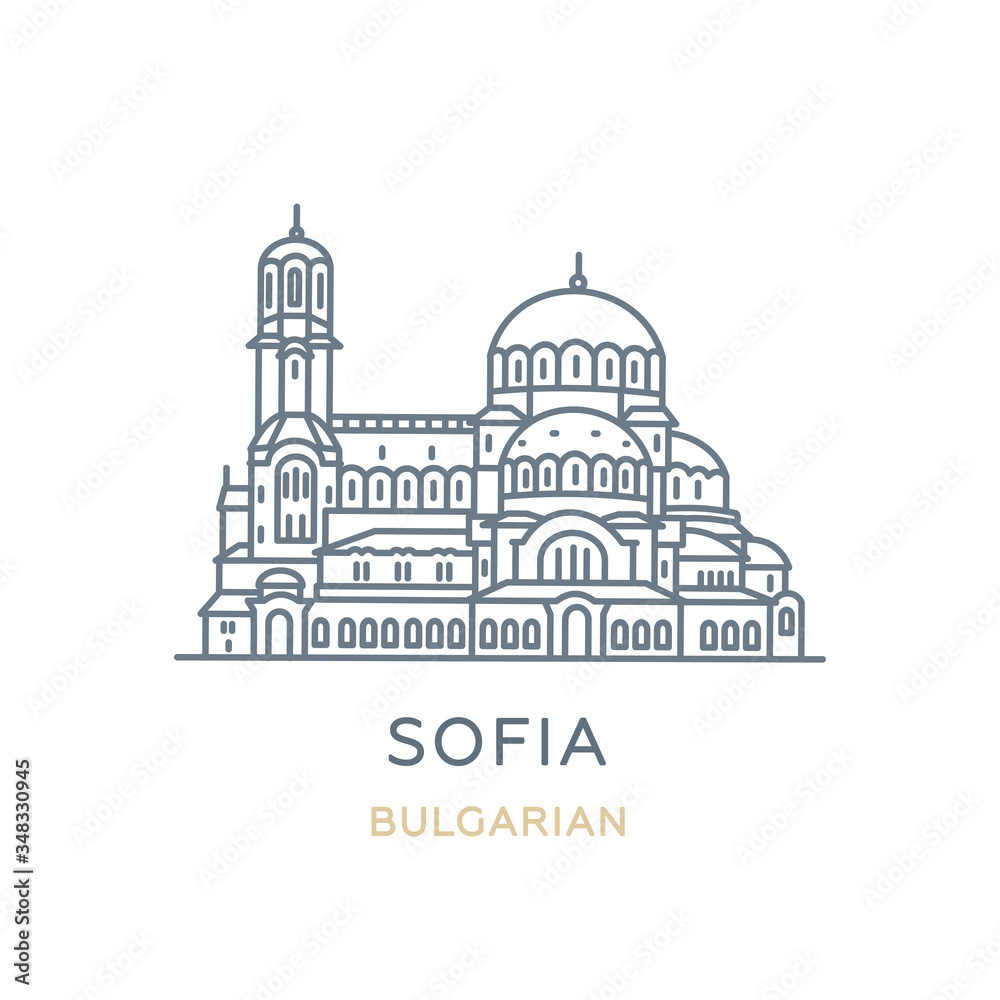 Sofia, ‎Bulgarian. Line icon of the city in Southeast Europe. Outline symbol for web, travel mobile app, infographic, logo. Landmark and famous building. Vector in flat design, isolated on white