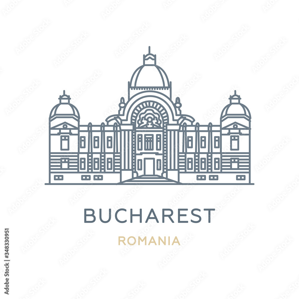 Bucharest, ‎Romania. Line icon of the city in Southeast Europe. Outline symbol for web, travel mobile app, infographic, logo. Landmark and famous building. Vector in flat design, isolated on white