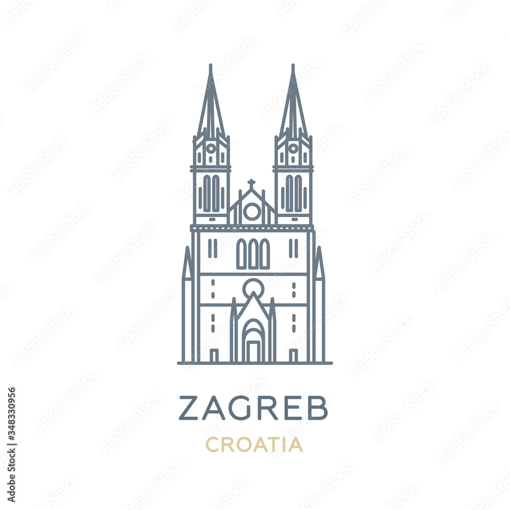 Zagreb, ‎Croatia. Line icon of the city in Southeast Europe. Outline symbol for web, travel mobile app, infographic, logo. Landmark and famous building. Vector in flat design, isolated on white