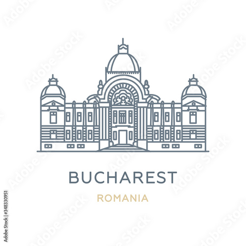 Bucharest, ‎Romania. Line icon of the city in Southeast Europe. Outline symbol for web, travel mobile app, infographic, logo. Landmark and famous building. Vector in flat design, isolated on white