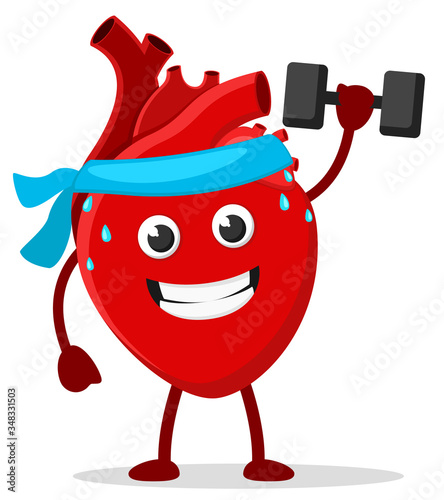 Healthy heart goes in for sports on a white. Character