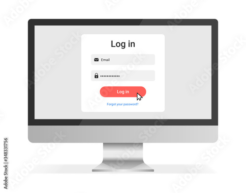 Sign in page on computer screen. Desktop computer with login form and sign in button. Vector illustration.