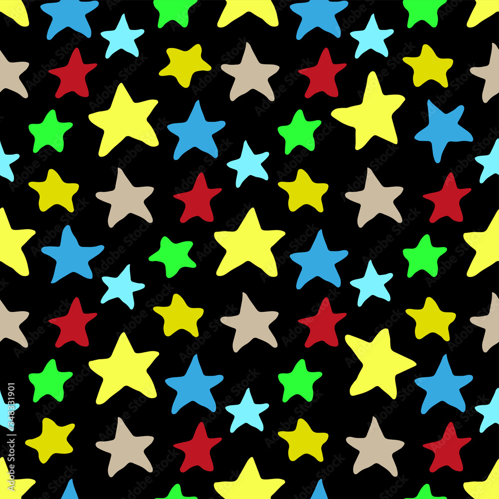 Bright multi-colored stars isolated on a black background. Beautiful childish seamless pattern. Hand drawn vector graphic illustration. Texture. Bright multi-colored stars isolated on a black background. Beautiful childish seamless pattern. Hand drawn vector graphic illustration. Texture.
