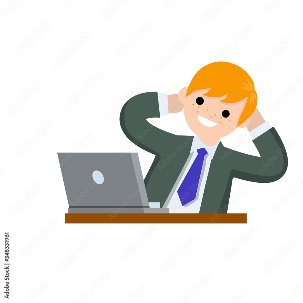 Successful businessman in suit. Gesture with hand behind head. Happy man in tie. Business or pleasure. Cartoon flat illustration. Rest at work with computer on table