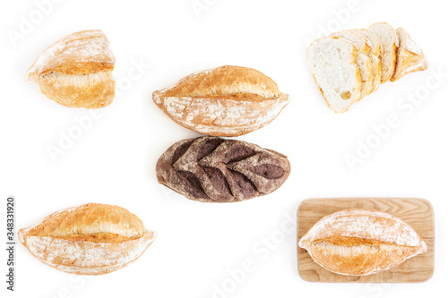 Set of fresh brown and white bread collage on white background.Wheat bread.Top view.Isolated on white