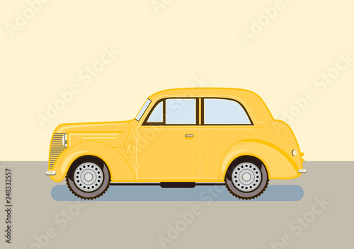 Yellow retro car in vector. Bright picture for the image on the t-shirt. Technique of a city street. Illustration of the 50s and 60s. Stylish aesthetic work. Old auto. Classic theme. 