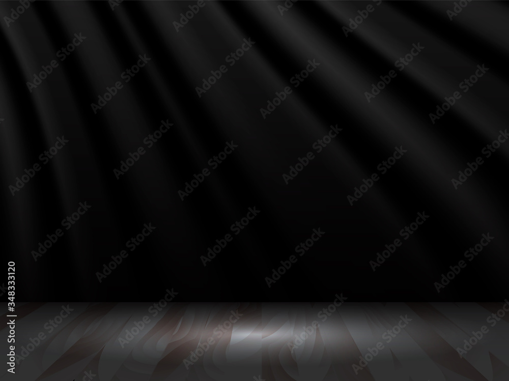 Black wooden floor with black curtain. Vector stock illustration for card or banner
