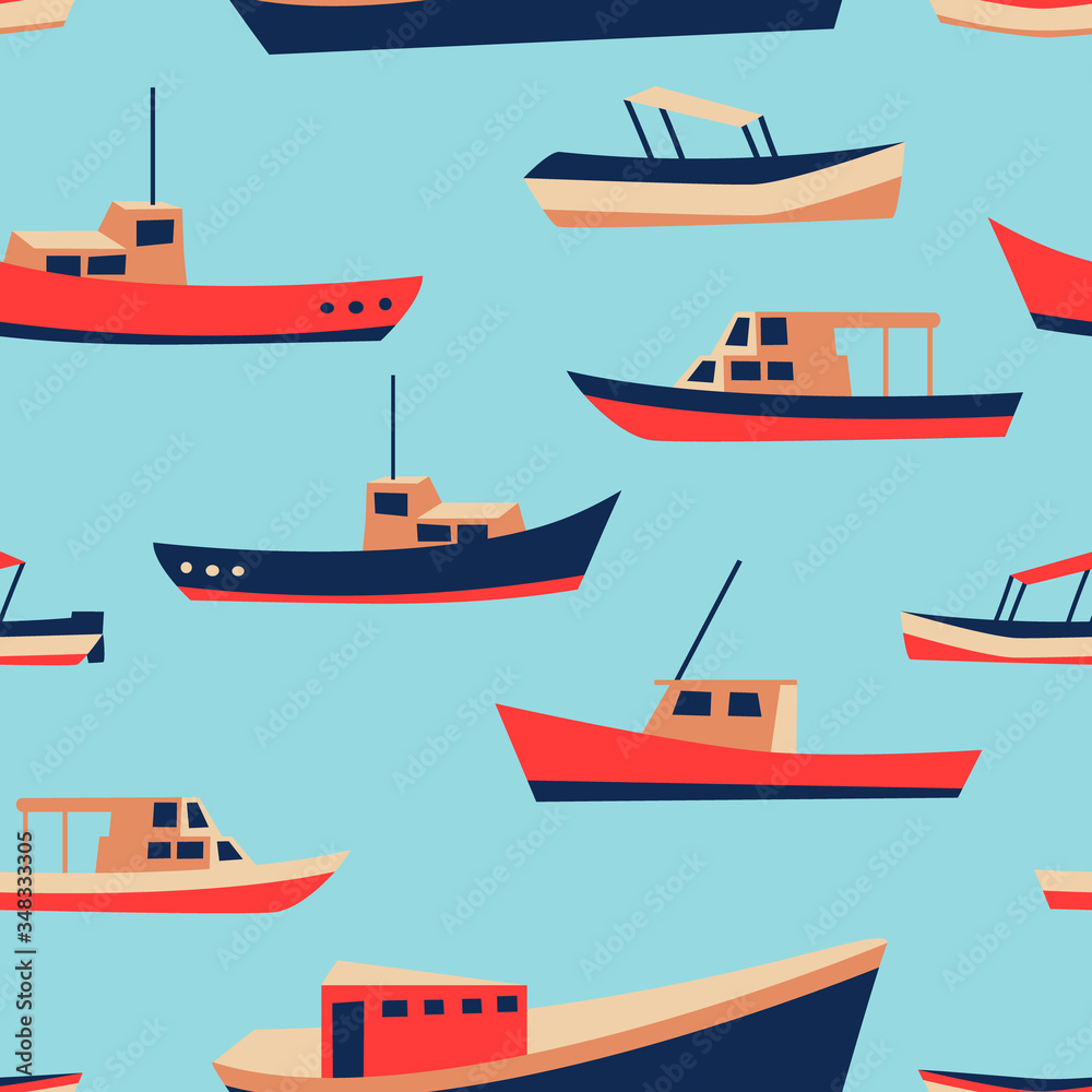 Kid pattern with cute boats. Nautical seamless background. Funny ship drawing. Fishing or sailing design. Vector Kid pattern with cute boats. Nautical seamless background. Funny ship drawing. Fishing or sailing design. Vector