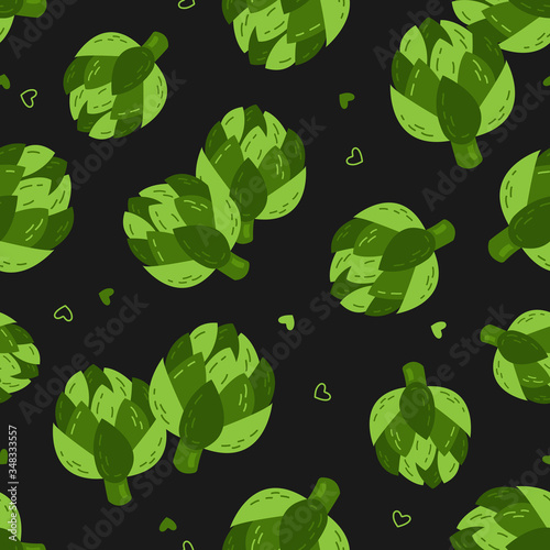 Hand drawn seamless vector pattern of artichoke. Vegetarian food background. Cartoon style. Green vegetables.