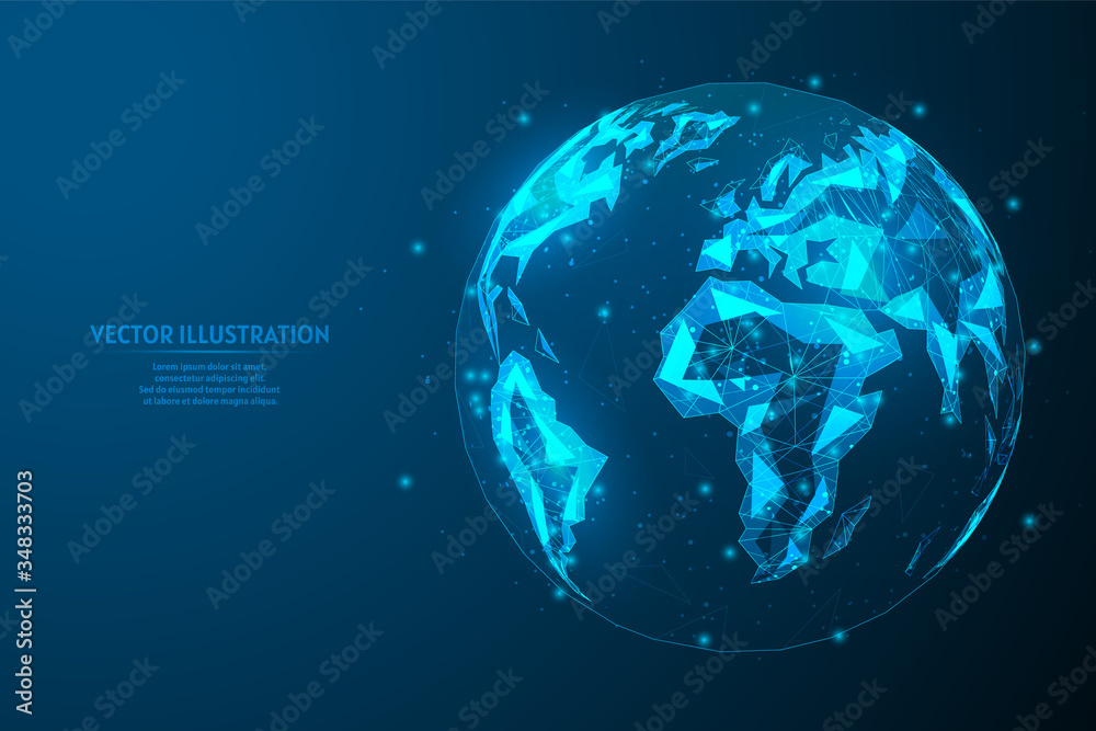 Close-up view of planet earth, globe in space, continents relief. Concept of ecology, global internet, communication, business. Innovative technology. 3d low poly wireframe model vector illustration.
