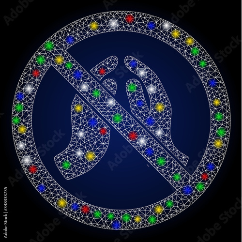 Glossy mesh stop praying hands with glitter effect. Abstract illuminated vector model of stop praying hands icon on a dark blue gradiented background.