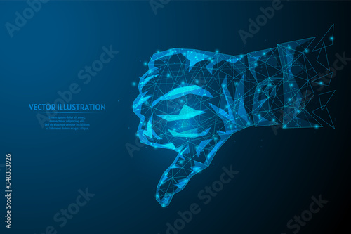 Man's hand shows thumb down close up. Sign of dislike in social media and networks. Bad choice, voting, work. Business concept. 3d low poly wireframe model vector illustration.