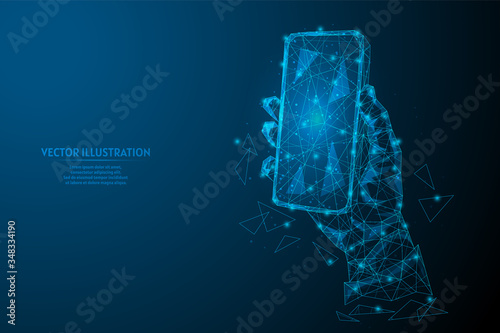 Man's hand holds a modern smartphone close-up. Mockup Empty phone. Concept of innovative technologies, business, Internet, online communication. 3d low poly wireframe model vector illustration.