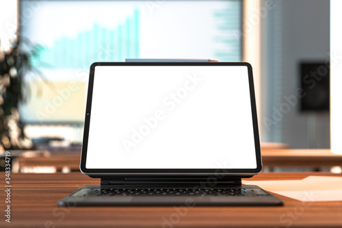 Modern Laptop With White Blank Screen and White Pen Above at Modern Office or Home. Copy Space. Empty Space. 3d rendering