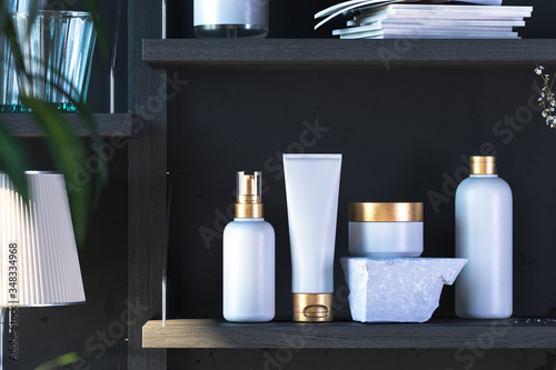 White Cosmetic Bottle Set for Liquid, Cream, Gel, Lotion. Blank Templates of Dispenser, Cream Jar, Tube, Bottle on Wooden Shelf. 3d rendering © ekostsov