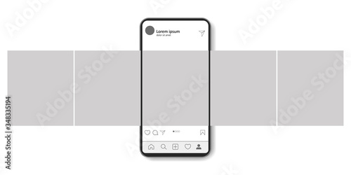 Carousel interface post on social network. Mock up of smartphone. Mobile application on the screen of realistic phone. Vector illustration on white background. photo