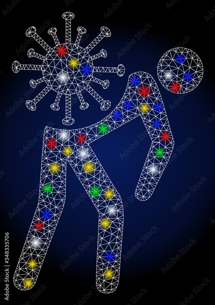Glowing mesh virus carrier with sparkle effect. Abstract illuminated vector model of virus carrier icon on a dark blue gradiented background. White wire carcass polygonal mesh virus carrier.