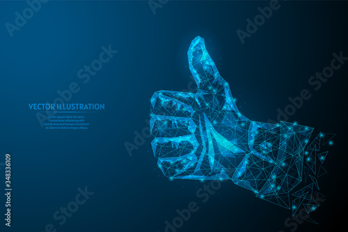 Hand of a businessman showing thumbs up close up. Concept business startup, education, leaders, idea. Innovative medicine and technology. 3d low poly wireframe model vector illustration.