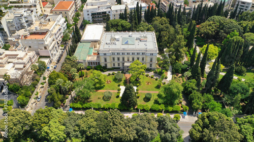 Aerial top down photo of National gardens in Amalias avenue in the heart of Athens at spring, Attica, Greece