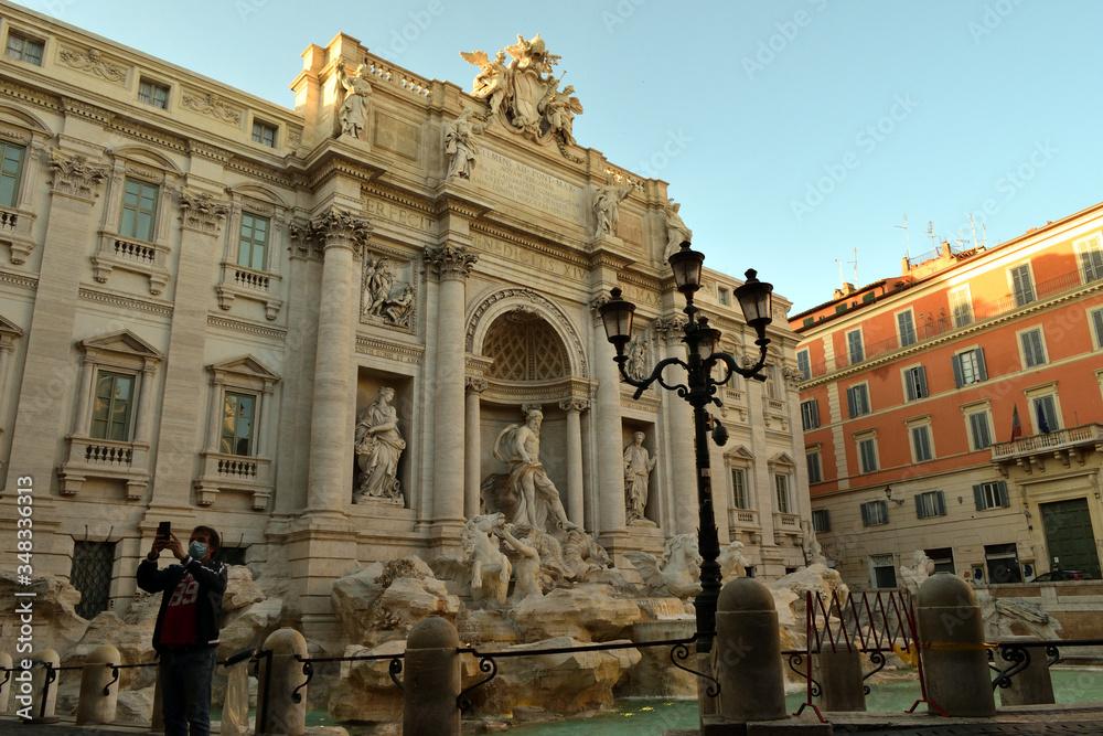View of the Trevi fountain without tourists due to phase 2 of the lockdown