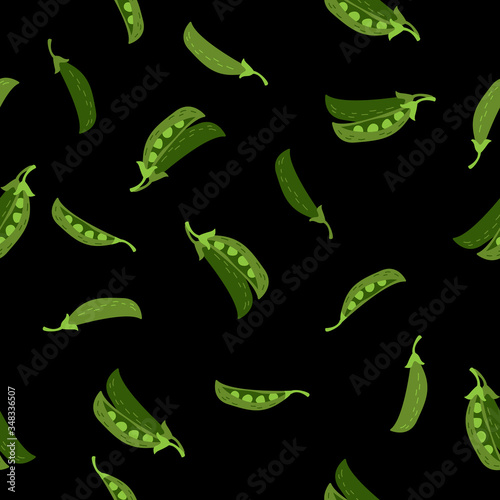Hand drawn seamless vector pattern of pea pods. Vegetarian food background. Cartoon style. Green vegetables.
