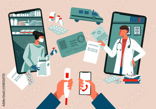 Consultation to the doctor and pharmacist via smartphone. Online medical support. Online doctor. Healthcare services,Ask a doctor.Online drugstore.Hand with smartphone.
