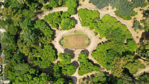 Aerial top down photo of National gardens in Amalias avenue in the heart of Athens at spring, Attica, Greece photo