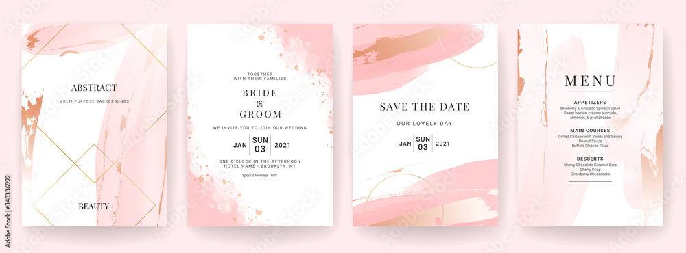 Elegant abstract background. Wedding invitation card template set with watercolor splash and gold decoration. Brush stroke for save the date, greeting, poster, and cover design