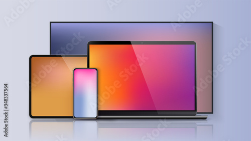 Vector minimalistic 3d illustration set device. Realistic smartphone laptop, tablet, tv. Soft color mesh gradient background. Vector isolated device screen for graphics presentations wallpaper design. photo